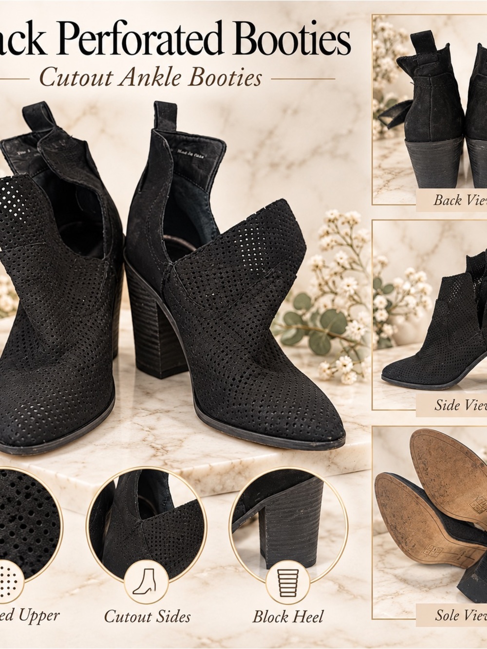 Black Perforated Cutout Ankle Booties - Women